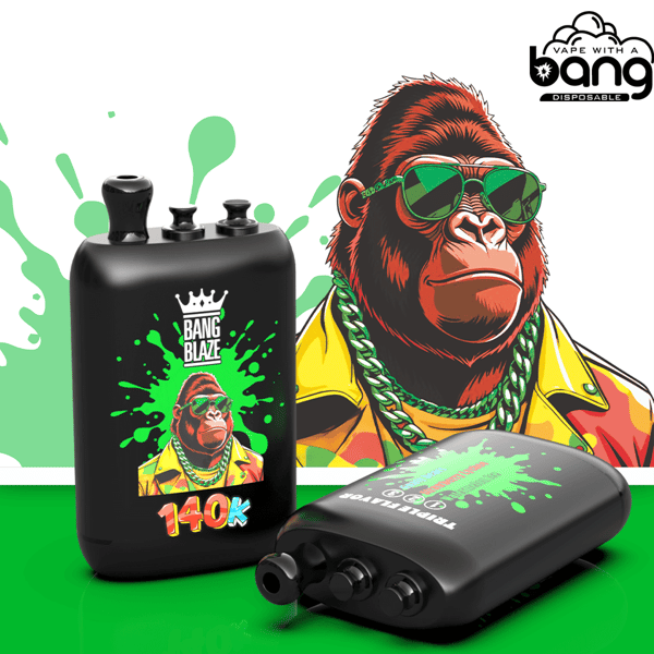 Vape usa e getta nero con etichetta Bang Blaze raffigurante un gorilla dei cartoni animati con una giacca gialla e occhiali da sole verdi, splash art verde.