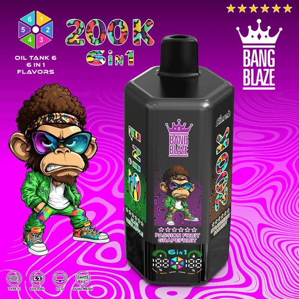 Schwarze Bang Blaze 6-in-1-Vape-Flasche mit Passionsfrucht-Grapefruit auf violettem Hintergrund