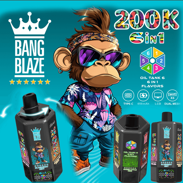 Cartoon-Affe in geblümtem Hemd und verspiegelter Sonnenbrille steht neben schwarzen Vape-Mods mit Bang Blaze-Branding.