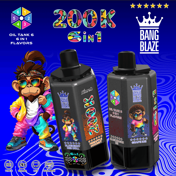 Zwei schwarze Vape-Flaschen mit bunten Etiketten mit einem Cartoon-Affen und Bang Blaze-Branding, 6-in-1-Geschmacksrichtungen.
