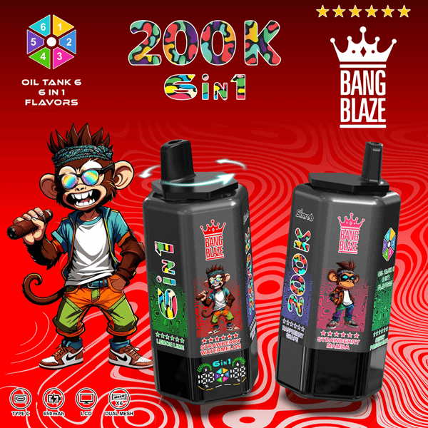 Zwei Bang Blaze 6-in-1-Vape-Flaschen mit einem Cartoon-Affenmaskottchen auf einem roten Wirbelhintergrund; Geschmacksrichtungen Erdbeere, Wassermelone und Erdbeere Mamba.
