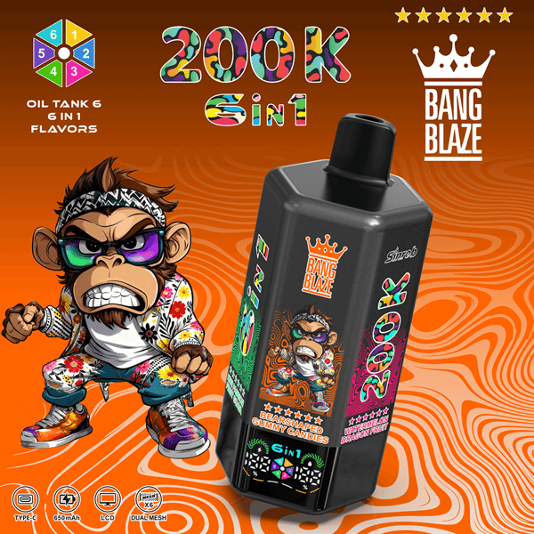Die leuchtend orangefarbene Verpackung zeigt eine schwarze Bang Blaze-Vape-Flasche mit farbenfrohen Grafiken, einen Cartoon-Affen in einem Blumenhemd und 6-in-1-Geschmacksrichtungen.