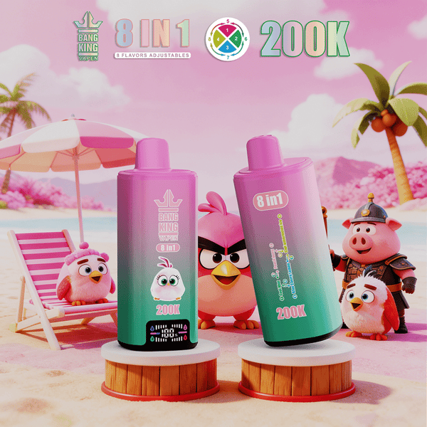 Deux bouteilles de vape à dégradé rose étiquetées 8 en 1 et 200K se trouvent sur des socles en bois sur une plage, avec des personnages d'Angry Birds en arrière-plan.