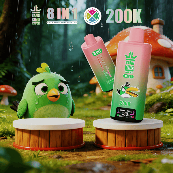 Un oiseau de dessin animé vert qui pleure se tient à côté de deux bouteilles de vape roses 8-en-1 étiquetées 200K sur des plates-formes en bois dans une forêt pluvieuse.