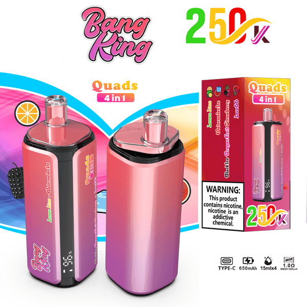 2 つのピンクから紫のグラデーション MOD と Bang King ブランドを備えたクワッド 4in1 VAPE キット (製品ボックスに記載)。.