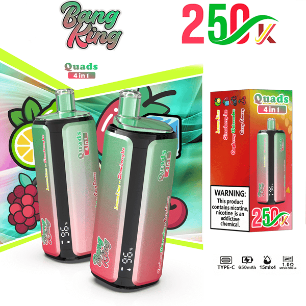 Twee gradiënt roze naar groene Quads 4-in-1 vape-apparaten met een heldere productdoos tegen een kleurrijke achtergrond.
