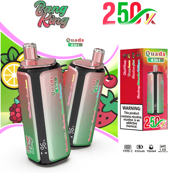 ピンクとグリーンのグラデーション クワッド 4-in-1 VAPE デバイス 3 台（フルーツ風味）。カラフルなパッケージと Bang Ring のブランドが付いています。.
