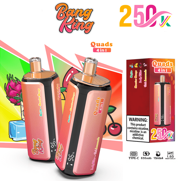 ガラス製マウスピースを備えた 2 台の Quad 4in1 ピンク グラデーション VAPE ポッド デバイス。製品箱とニコチン警告とともに表示されます。.