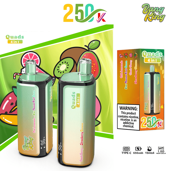 Deux appareils de vape à dégradé allant du vert à la pêche, étiquetés Quads 4 en 1, se trouvent devant un fond lumineux sur le thème des fruits, avec une boîte sur le côté droit montrant le produit et un avertissement concernant la nicotine.