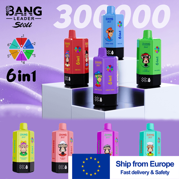 Colorful 6in1 energy drink bottles with cartoon faces on a purple backdrop, plus color wheel and Europe shipping banner.