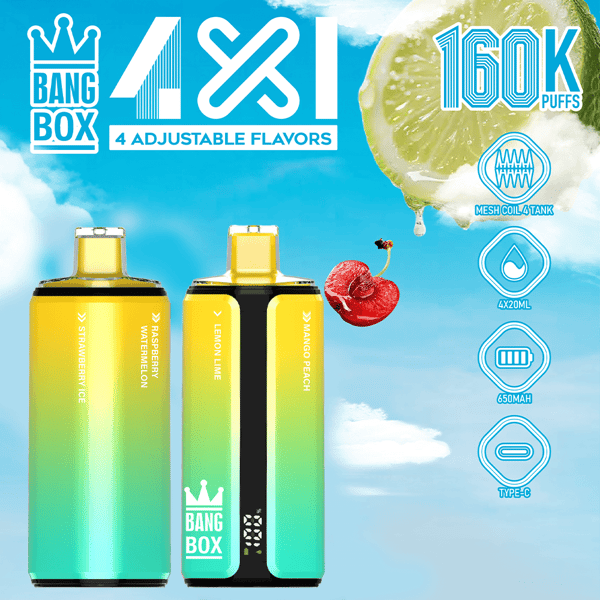 Deux appareils de vape de couleur dégradée avec un fondu vert citron à sarcelle, l'un montrant un panneau latéral noir, des étiquettes ; indiquent les saveurs et un logo couronne “ BANG BOX ”, sur un fond de ciel bleu vif avec une tranche de citron vert et des icônes flottantes sur la droite.