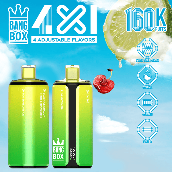 Levendige blauwe luchtachtergrond met twee groene en gele Bang Box-vape-apparaten, labels met fruitsmaken en pictogrammen aan de rechterkant met 160K soezen, mesh-spoel, 4x20ml, 650mAh en Type-C.