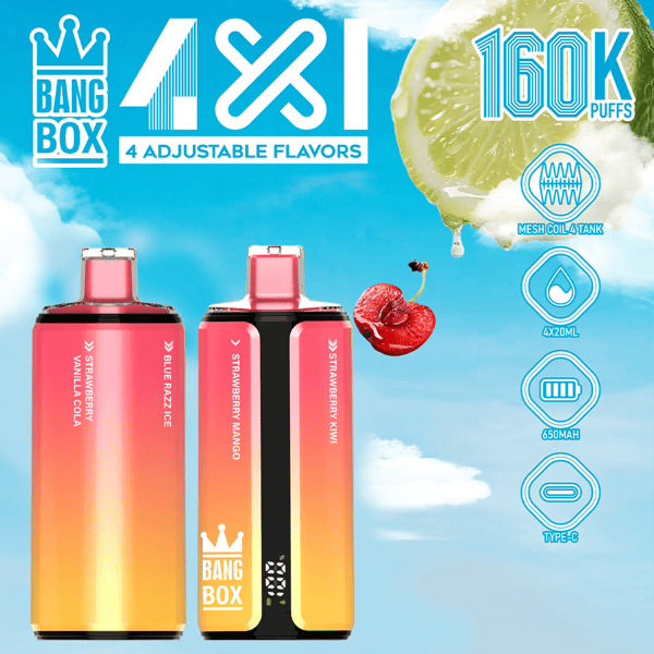 Fond de ciel bleu vif avec deux mods de vape dégradés rose à orange étiquetés Bang Box, quatre saveurs réglables et des images fruitées comprenant une tranche de citron vert et des cerises. Les icônes néon sur la droite indiquent une bobine maillée, 4x20 ml, 650 mAh et USB-C.