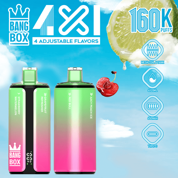 Deux capsules de vape vibrantes avec un dégradé vert à rose, étiquetées Bang Box, aux côtés d'icônes pour 160 000 bouffées, une bobine en maille, 4 x 20 ml, 650 mAh et Type-C, sur un fond de ciel bleu avec une tranche de citron vert et des cerises.