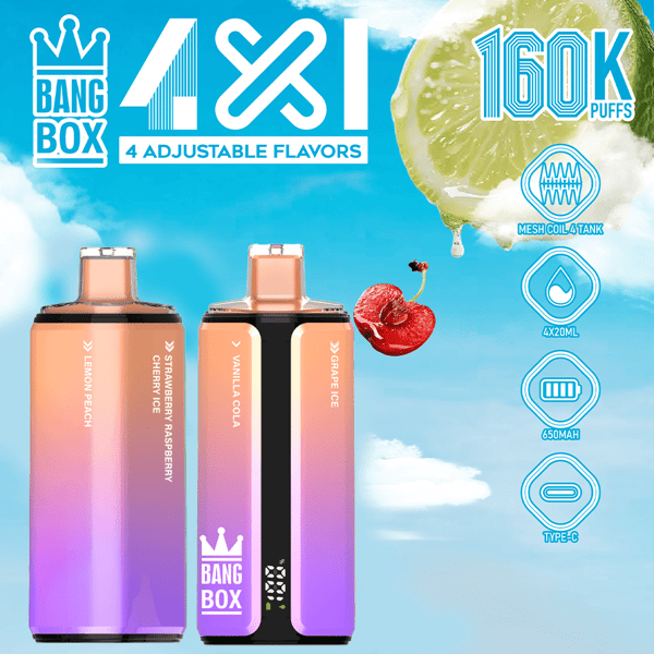Quatre appareils de vape dégradé aux saveurs Citron Pêche, Fraise Framboise, Vanille Cola et Pamplemousse Glacé, sur fond de ciel bleu avec les spécifications du produit à droite.
