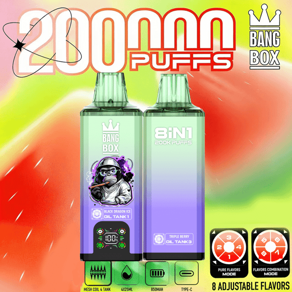Deux appareils de vape sur un fond dégradé coloré avec le texte “ 2000 PUFFS ”, la bouteille de gauche montrant l'étiquette et un bouchon, la bouteille de droite étiquetée 8 en 1 200K PUFFS, avec des étiquettes de saveur et des icônes de cadran de saveur réglables en bas à droite.
