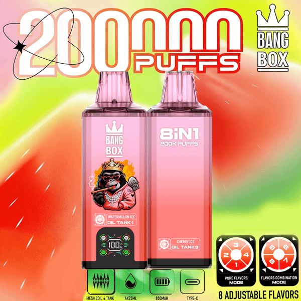 Deux modules de vape roses étiquetés Bang Box avec un singe de dessin animé en tenue royale sur le module de gauche, sur un fond dégradé coloré avec un grand texte " 2000 PUFFS " et des icônes d'appareil supplémentaires.