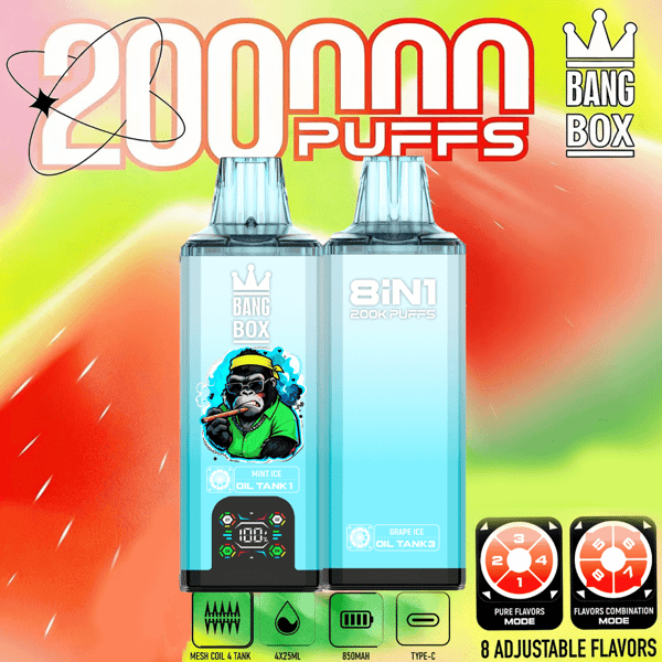 Deux réservoirs de dosettes de vape bleus étiquetés Bang Box et 8IN1 2000 bouffées, avec un fond dégradé coloré et deux dosettes de saveur en bas, ainsi que des icônes de mode saveur sur la droite.