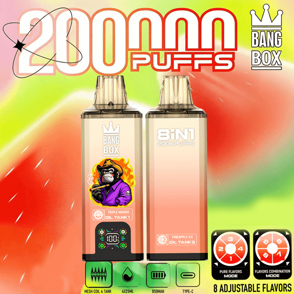 Deux grands modules de vapotage étiquetés Bang Box 8in1 200K Puffs, avec un fond dégradé coloré, un autocollant de singe de dessin animé et des icônes pour les saveurs réglables en bas à droite.