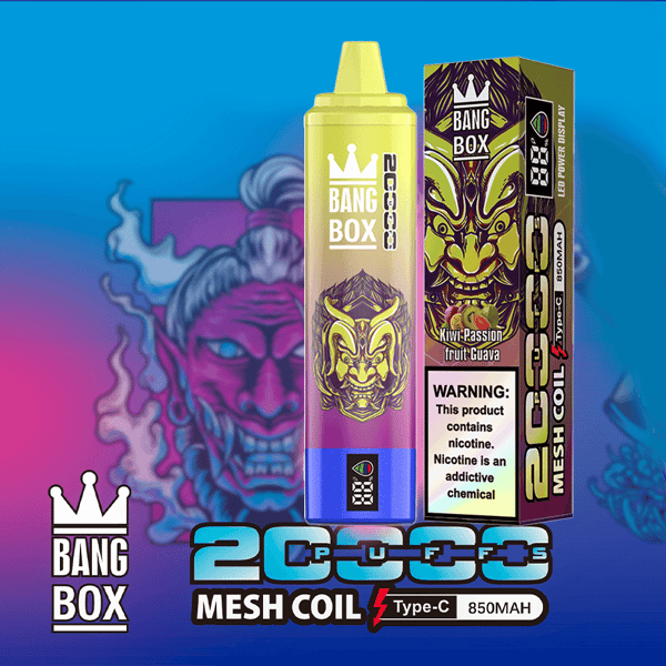 Bang Box Vape-Verpackung mit einer gelben Flasche und einer Box mit gekröntem Dämonengesicht, mit Mesh-Spule und Typ-C 850 mAh.