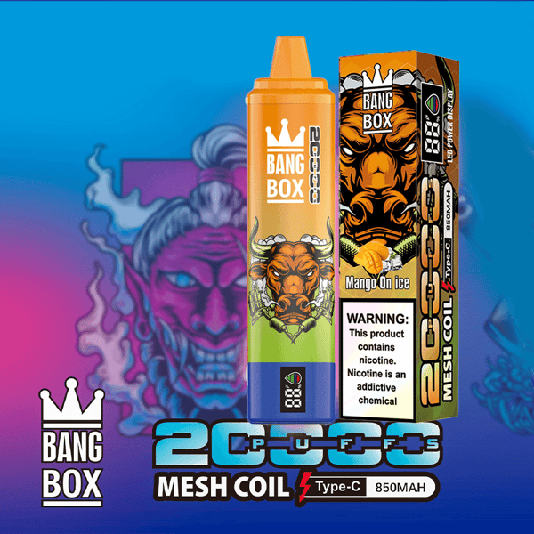 Hellblauer Hintergrund mit Farbverlauf und Bang Box-Vape-Verpackung: orangefarbenes Gerät neben einer Mango On Ice-Box, plus 850-mAh-Mesh-Coil Typ-C und Warnhinweis.