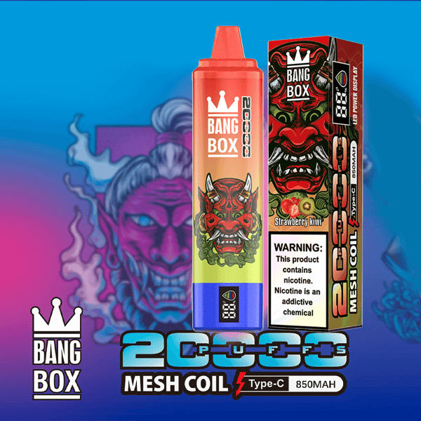 Bang Box Vape-Verpackung: rote E-Liquid-Flasche, Box mit Dämonengesicht, Erdbeer-Kiwi, Warnschild, 850-mAh-Typ-C-Mesh-Spule.