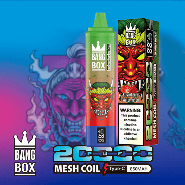 Bang Box Vape-Verpackung auf blauem Hintergrund mit grüner Flasche und rotem Dämonen-Motiv, Erdbeer-Wassermelonen-Geschmack