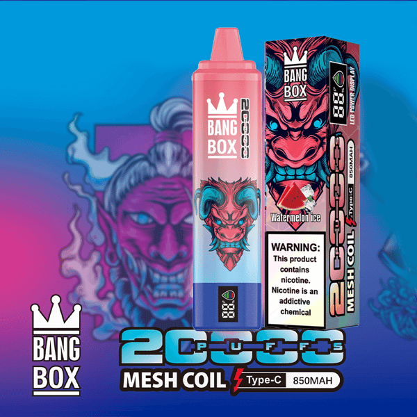 Pink Bang Box Vape-Flasche mit Verpackung im Drachen-Design, mit Mesh Coil, Typ-C-Aufladung, 850 mAh und Nikotinwarnung.