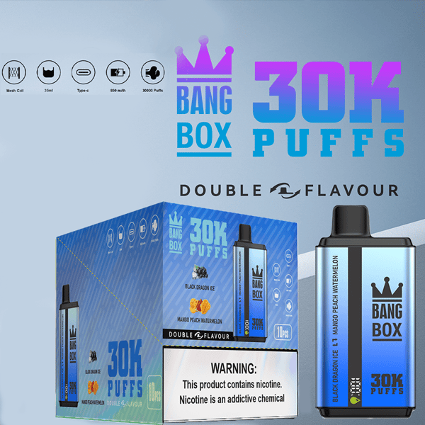 Envase y cápsula para vapeo Bang Box 30K Puffs, sabores Black Dragon Ice y Mango Peach Watermelon, advertencia de nicotina.