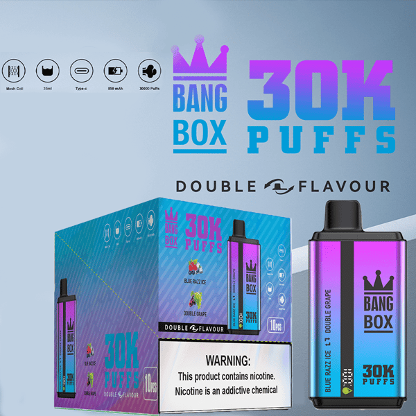 Vape desechable Bang Box 30K Puffs con un dispositivo de gradiente morado junto a una caja azul con la etiqueta Double Flavour.