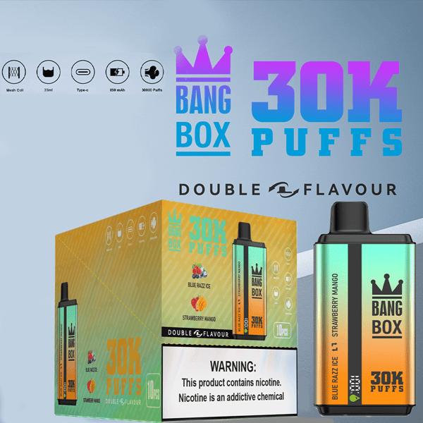 Bang Box 30K Puffs vape キットはターコイズブルーのデバイスとグラデーションボックス、ブルーラズアイスとストロベリーマンゴーのフレーバーを備え、ニコチン警告付きです。.