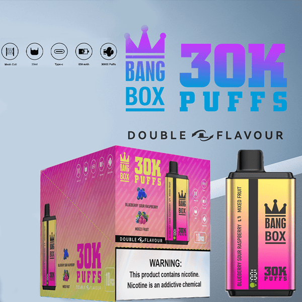 Kit de vapeo Bang Box 30K Puffs con empaque degradado de rosa a azul, un dispositivo de cápsula de color amarillo rosa, sabor a frambuesa agria de arándano y advertencia de nicotina.