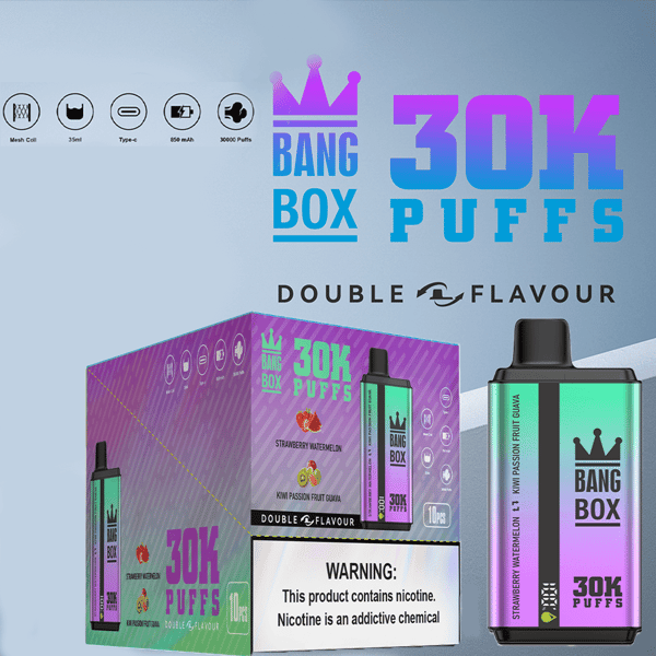 Vape desechable Bang Box 30K Puffs con empaque azul violeta degradado y advertencia de nicotina.
