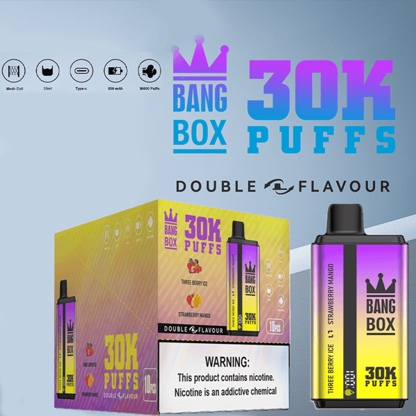 Embalaje Bang Box 30K Puffs y cápsula de vapeo de color amarillo púrpura sobre fondo azul degradado, logotipo de la corona, advertencia de nicotina.