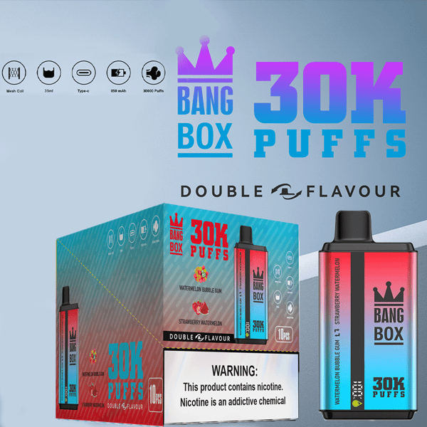 Fondo azul con el logotipo de la corona BANG BOX 30K PUFFS y una colorida cápsula de vapeo al lado de una caja con la etiqueta Watermelon Bubble Gum.