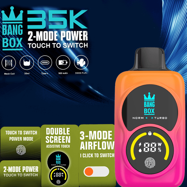 Mod de vapeo Pink Bang Box con logotipo de corona y pantalla redonda; Los paneles promocionales destacan la potencia de 2 modos y el flujo de aire de 3 modos.