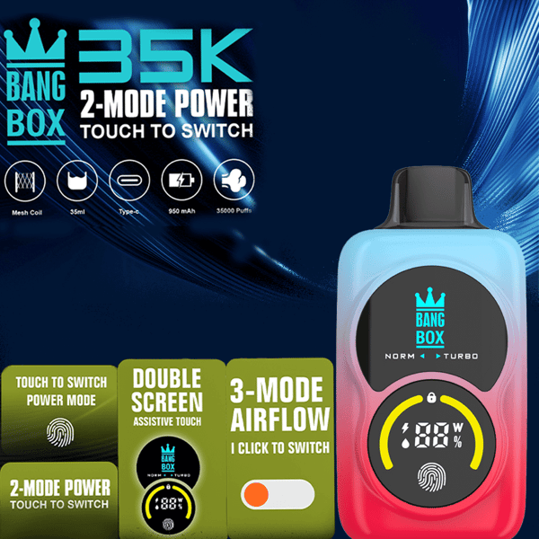 Vaporizador de potencia de dos modos Bang Box 3.5K con interruptor táctil, cuerpo degradado de rosa a azul, boquilla negra y pantalla circular.