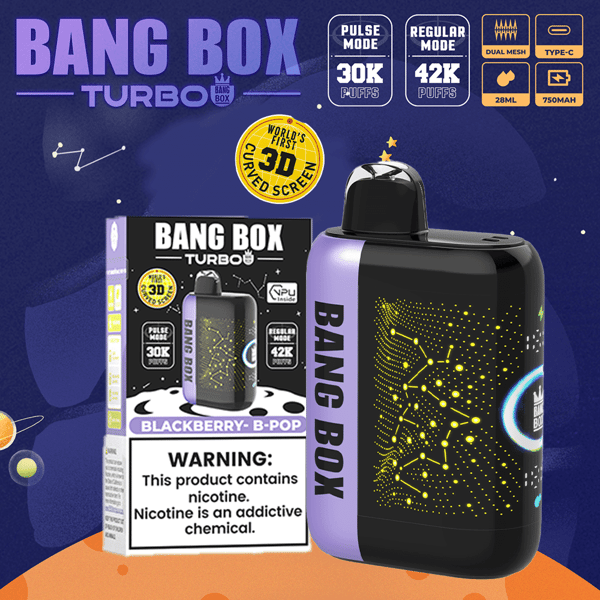 Appareil de vape Bang Box Turbo avec panneau latéral violet à côté de l'emballage Blackberry-B Pop, montrant un écran incurvé en 3D.