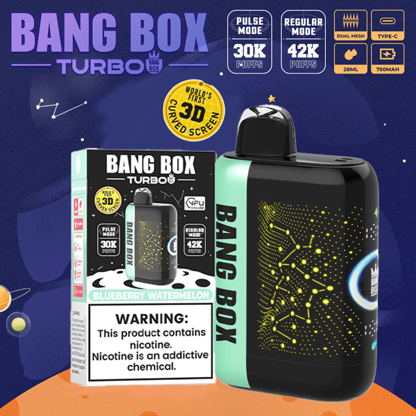 Kit de vape Bang Box Turbo en noir et bleu sarcelle au goût de myrtille et de pastèque, illustré à côté de sa boîte et d'un avertissement de nicotine.