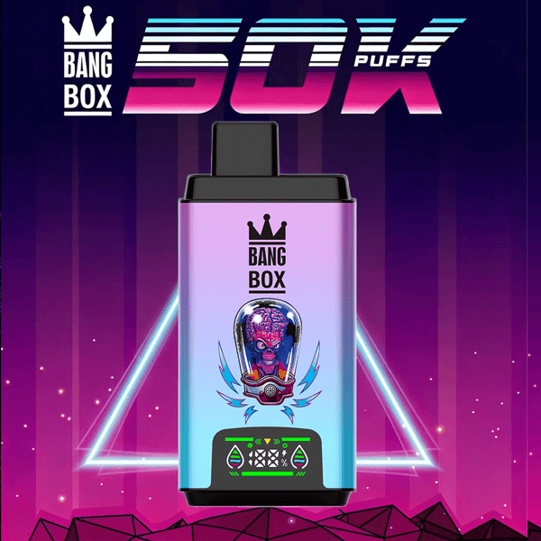 Vape Bang Box dégradé violet à bleu avec un cerveau extraterrestre casqué et un affichage numérique vert sur fond rose fluo