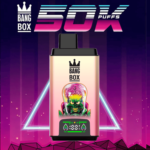 Vape mod avec corps dégradé rose-or, embout noir, graphisme tête de mort verte sous un dôme, logo Bang Box, fond violet fluo.