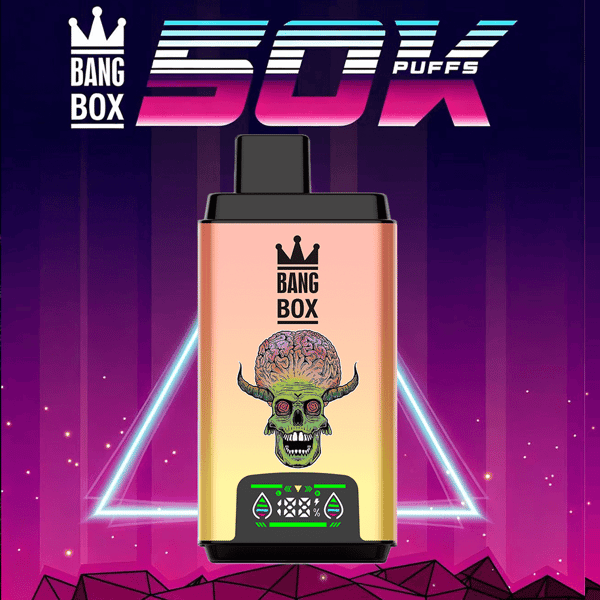 Vape pod avec un dégradé pêche à or, un graphisme de crâne vert à cornes et le logo BANG BOX, sur un fond violet fluo avec 50 000 bouffées.