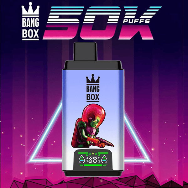 Appareil de vape Bang Box avec logo couronne, corps violet, graphique extraterrestre rouge, affichage numérique, sur fond rétro