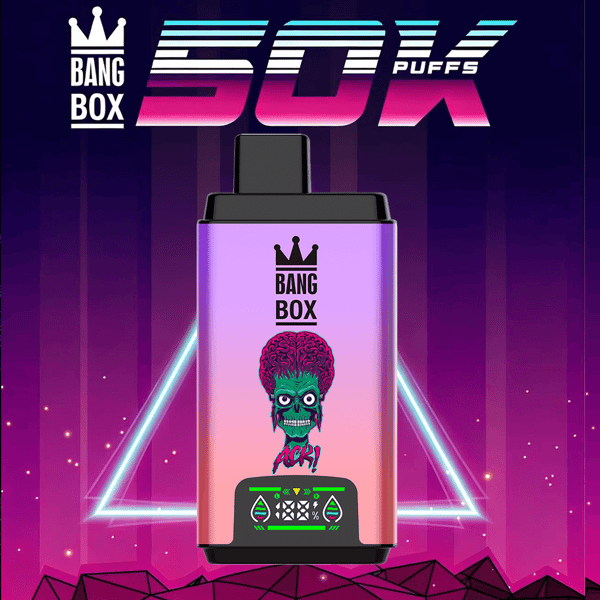Un vape pod Bang Box violet avec un graphisme de zombie vert et le mot ACK ! sur un fond rétro néon annonçant 50K Puffs.
