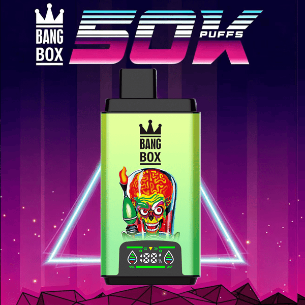 Flacon à vape vert avec bouchon noir, logo Bang Box et 50K Puffs, avec un graphisme cérébral coloré sur fond violet fluo.