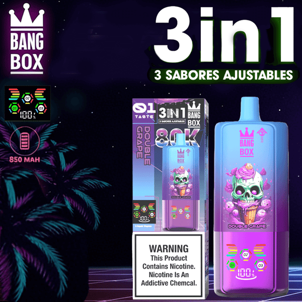 Leuchtend lila-rosa E-Zigaretten-Flasche und Kartonverpackung mit Totenkopf-Eiscreme-Design, "3 in 1"-Schriftzug, Bang Box-Branding, Warnschild und tropischem Nachthintergrund.