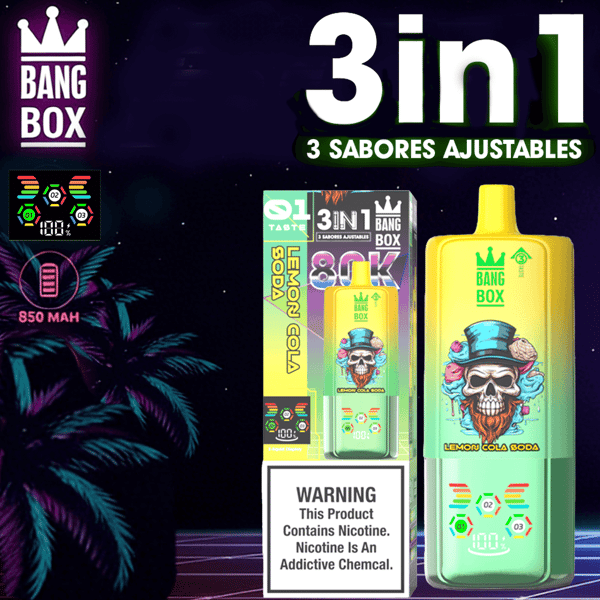 Bang Box 3in1-Vape-Verpackung mit Zitronen-Cola-Geschmack, gelber Flasche, neongrünen Akzenten und Warnhinweis zur Nikotinsucht.