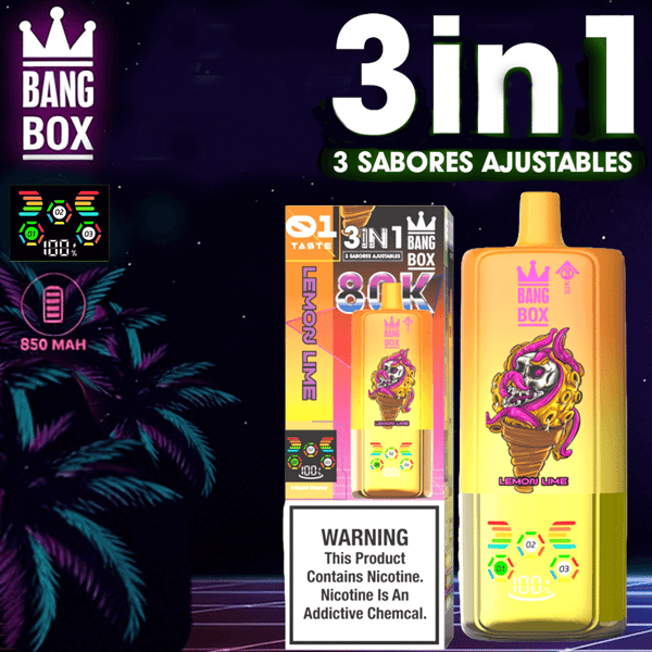 3in1 Bang Box Lemon Lime Einweg-Vaporizer mit großer Flasche und farbenfroher Verpackung, Warnschild und tropischem Hintergrund.
