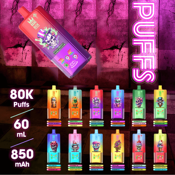 Jaskrawa neonowa wystawa sklepowa z kolorowymi dzbankami na butelki do vape ułożonymi w rzędach, z przechylonym fioletowo-różowym pudełkiem z czaszką i graffiti oraz świecącym pionowym znakiem "Puffs"; po lewej stronie, na którym widać duży biały tekst 80K Puffs, 60 mL, 850 mAh.