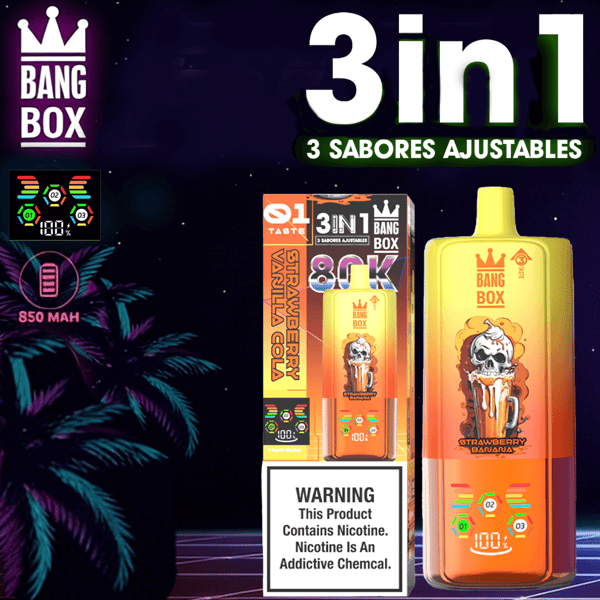 Drie-in-één Bang Box-vapefles en verpakking met een “3in1 3 sabores ajustables”-label, aardbei-banaansmaak, waarschuwingslabel, neon-sterrenachtergrond.